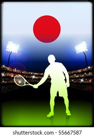 Jogador de tênis do Japão no fundo do estádio com bandeira ilustração original
