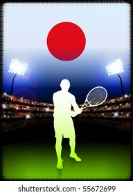 Japan Tennis Player on Stadium Background with Flag Original Illustration
