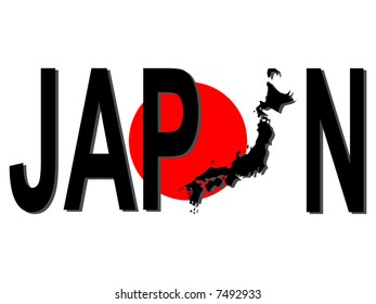 Japan text with map on Japan flag illustration