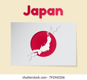Japan theme vector illustration. Sticker in the shape of a flag with a carved red circle. A map is an applique. Modern layered design.