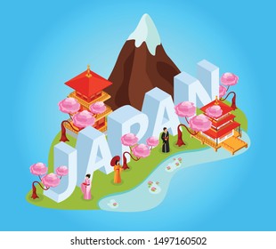 Japan title tourist booklet guide isometric composition with fuji mountain traditional clothing temple big lettering vector illustration 