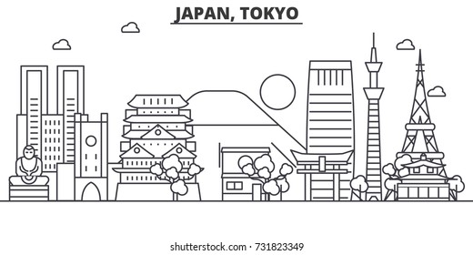 Japan, Tokyo architecture line skyline illustration. Linear vector cityscape with famous landmarks, city sights, design icons. Landscape wtih editable strokes