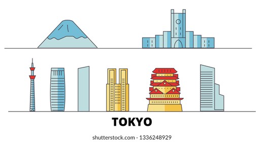 Japan, Tokyo City flat landmarks vector illustration. Japan, Tokyo City line city with famous travel sights, design skyline. 