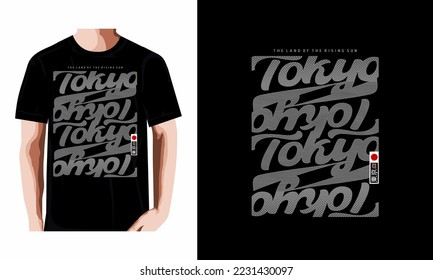 Japan, Tokyo city slogan for t shirt. Typography graphics with example on a t-shirt.inscription in Japanese, translation: Tokyo. Global swatches. Vector illustration.