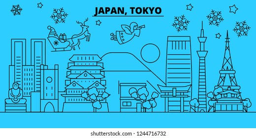 Japan, Tokyo city winter holidays skyline. Merry Christmas, Happy New Year decorated banner with Santa Claus.Japan, Tokyo city linear christmas city vector flat illustration