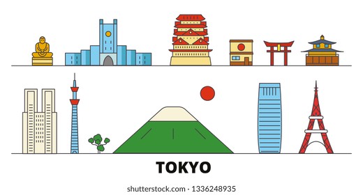 Japan, Tokyo flat landmarks vector illustration. Japan, Tokyo line city with famous travel sights, design skyline. 
