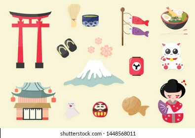 japan Tokyo item cute set vector illustration