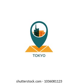 Japan Tokyo map city pin point geolocation modern skyline shape pointer vector flat logo web icon illustration