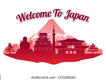 Japan top famous landmark silhouette style on island  famous landmark silhouette style,welcome to Japan,travel and tourism,vector illustration