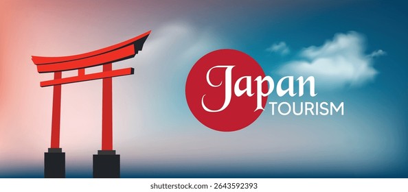Japão tori portão no céu com vetor de nuvem Cartaz vetor de turismo japonês
