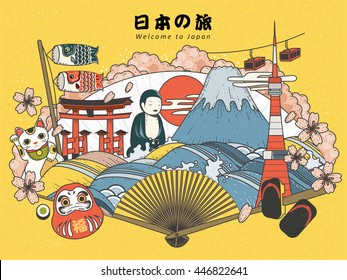 Japan tourism poster design with attractions - Japan travel in Japanese in the top area