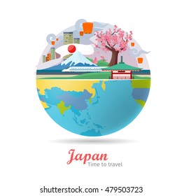 Japan tourism poster design with attractions on the background of the globe. Time to travel. Japan landmark. Japan travel poster design in flat. Travel composition with famous landmarks.