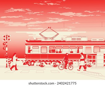 Japón, plantilla de afiches de turismo. El sistema ferroviario de Japón en una moderna ilustración. Un tren de tranvía en kanagawa Japón. Vehículo ligero. Japonés. traducción: Precaución y no entrada.