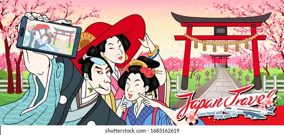 Japan tourism promo banner with retro Japanese people taking selfie in front of traditional shrine gate