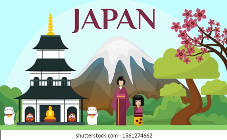 Japan tourism and travel concept vector illustration flat style. Japanese landmarks, attraction and symbols. Mount Fujiyama, sakura, pagoda, maneki neko, daruma, kimono.