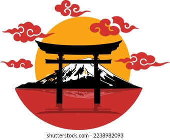 Japan tourism vector. Sakura blossom, mount fuji, sunset and torii shrine. Panorama of travel postcard, poster, tour advertising of world famous landmarks of japan.