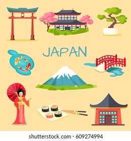 Japan touristic concept. Set of japaneses national cultural, culinary, architectural and nature symbols flat vector illustrations. Famous attractions for tourists in asian county collection 