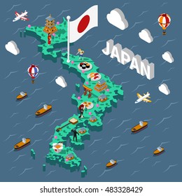 Japan touristic isometric map with various cultural elements on sea background vector illustration