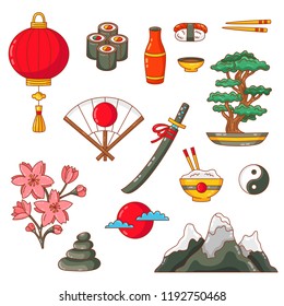 Japan tradational symbols doodle colorful vector icons set