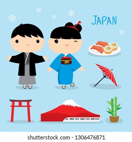 Japan Tradition Food Place Travel Asia Mascot Boy and Girl Cartoon Element Vector