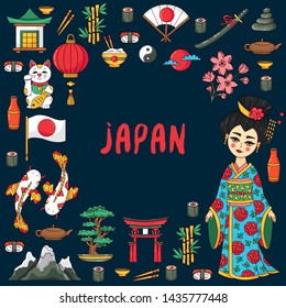 Japan traditional doodle cartoon icons vector set