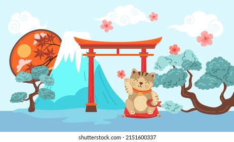 Japan traditional elements banner. Neko cat and gates, flying sakura flowers. Volcano, bonsai tree and oriental decorative fan. Adventure and travel, tourism vector banner