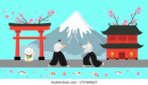 Japan traditionelle Elemente, Samurai Vektorgrafik. Asiatische Landschaft, pagoda Design sakura und hohe schneebedeckte Berge. Man Kämpfer Charakter in Kimono, Kultur Cartoon Kunst.
