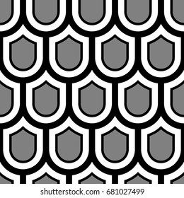 Japan traditional ethnic embroidery ornament with repeated scallops. Fish scale. Repeat scallop background. Seamless surface pattern design with scales. Ancient japanese sashiko uroko motif. Squama.