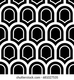 Japan traditional ethnic embroidery ornament with repeated scallops. Fish scale. Repeat scallop background. Seamless surface pattern design with scales. Ancient japanese sashiko uroko motif. Squama.