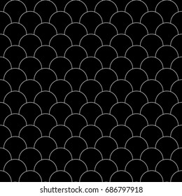 Japan traditional ethnic embroidery ornament with repeated scallops. Fish scale. Repeat scallop background. Seamless surface pattern design with scales. Ancient japanese sashiko uroko motif. Squama.