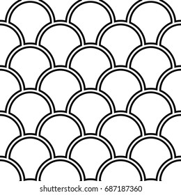 Japan traditional ethnic embroidery ornament with repeated scallops. Fish scale. Repeat scallop background. Seamless surface pattern design with scales. Ancient japanese sashiko uroko motif. Squama.