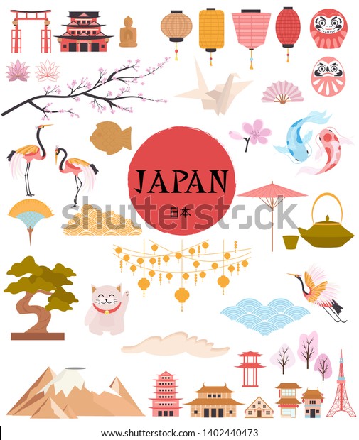 Japan Traditional Famous Elements Symbols Collection Stock Vector ...