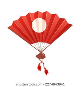 Japan traditional fan, hand accessory with wooden details with fringe in cartoon style isolated on white background.