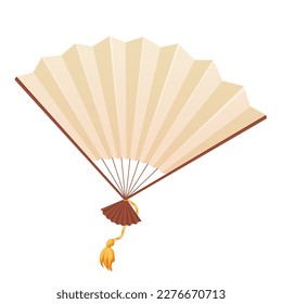 Japan traditional fan, hand accessory with wooden details with fringe in cartoon style isolated on white background.