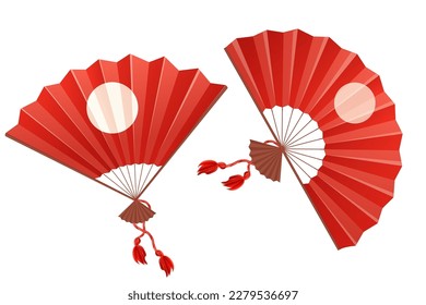 Japan traditional fan, hand accessory with wooden details with fringe in cartoon style isolated on white background.