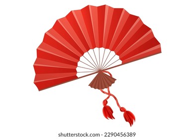 Japan traditional fan, hand accessory with wooden details with fringe in cartoon style isolated on white background.