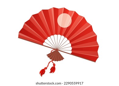 Japan traditional fan, hand accessory with wooden details with fringe in cartoon style isolated on white background.