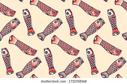 Japan Traditional Fish Kite. Seamless Pattern Vector