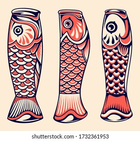 Japan Traditional Fish Kite Vector Set.