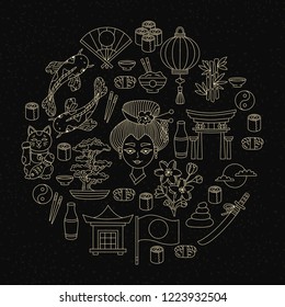 Japan traditional line icons vector set souvenirs geisha