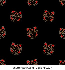 Japan traditional mask seamless pattern vector background. Japanese asian cute cats repeated contour animals masks.