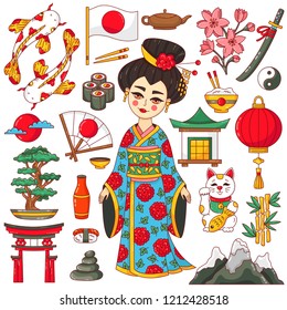 Japan traditional national icons doodle cartoon cute souvenirs vector set