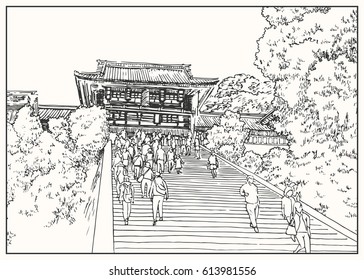 Japan traditional shrine architecture on the hill with some people walking on the stairs. Black and white dashed style sketch drawing with pen and ink.