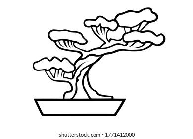 Japan traditional symbol bonsai in ink Isolated on white background. Hand drawn vector decorative element for decoration, postcard, flyer, banner or website