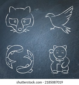 Japan traditional symbols chalkboard icon set. Japanese koi fish, tanuki racoon dog, maneki neko and hawk. Vector illustration.