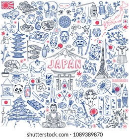 Conjunto de doodle de símbolos tradicionais do Japão, comida e pontos de referência. Ilustração vetorial desenhada à mão isolada no fundo branco. Caracteres japoneses na tradução de garrafas: saquê.