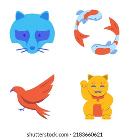 Japan traditional symbols icon set in flat style. Japanese koi fish, tanuki racoon dog, maneki neko and hawk. Vector illustration.