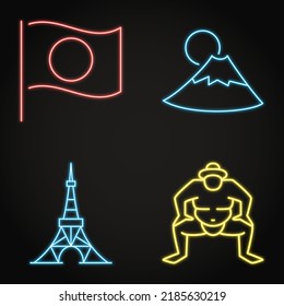 Japan traditional symbols neon icon set. Japanese national flag, mount Fuji, tokyo tower and sumo fighter. Vector illustration.