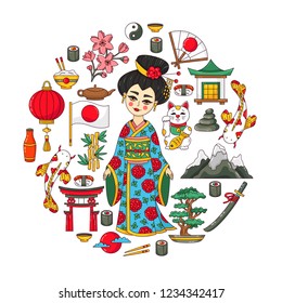 Japan traditional symbols vector colorful cute icons set