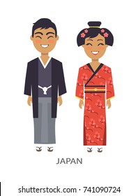 Japan traditions and customs represented by japanese people, woman wearing red kimono and man in national cloth, vector illustration isolated on white